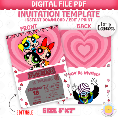 Celebrate your little hero’s special day with this Powerpuff Girls birthday invitation! Easily edit in Canva, then print or share digitally for a fun, colorful party. Instant download