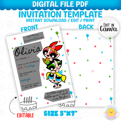 Celebrate your little hero’s special day with this Powerpuff Girls birthday invitation! Easily edit in Canva, then print or share digitally for a fun, colorful party. Instant download