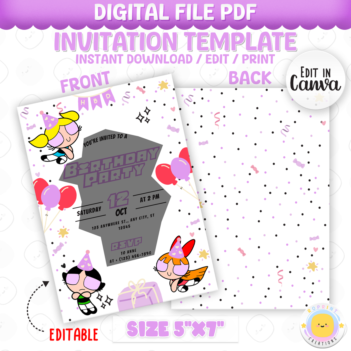 Celebrate your little hero’s special day with this Powerpuff Girls birthday invitation! Easily edit in Canva, then print or share digitally for a fun, colorful party. Instant download