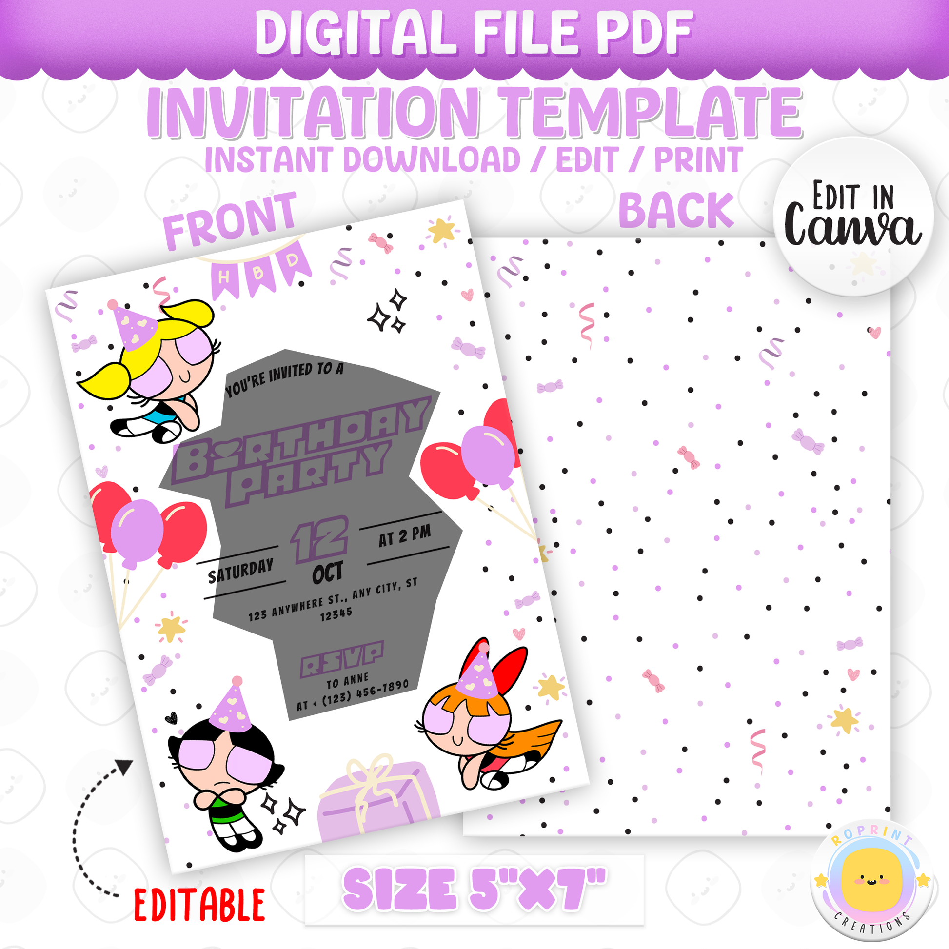 Celebrate your little hero’s special day with this Powerpuff Girls birthday invitation! Easily edit in Canva, then print or share digitally for a fun, colorful party. Instant download