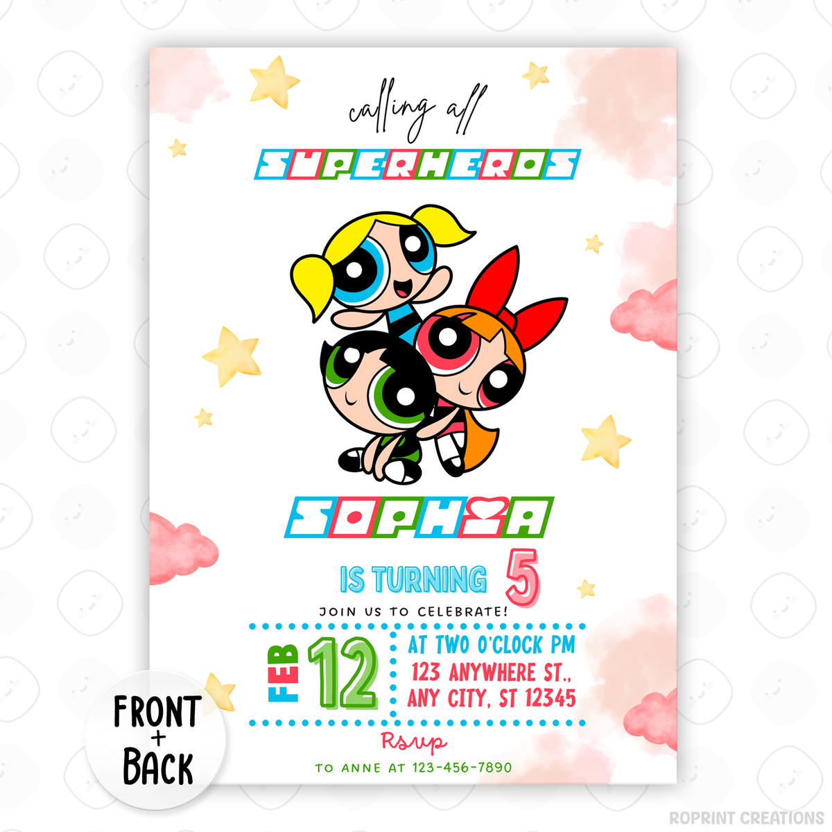Celebrate in style with this Powerpuff Girls Pink Birthday Invitation! Perfect for little fans, this editable Canva template lets you customize, print, or share digitally for a cute and colorful kids’ party. Instant download
