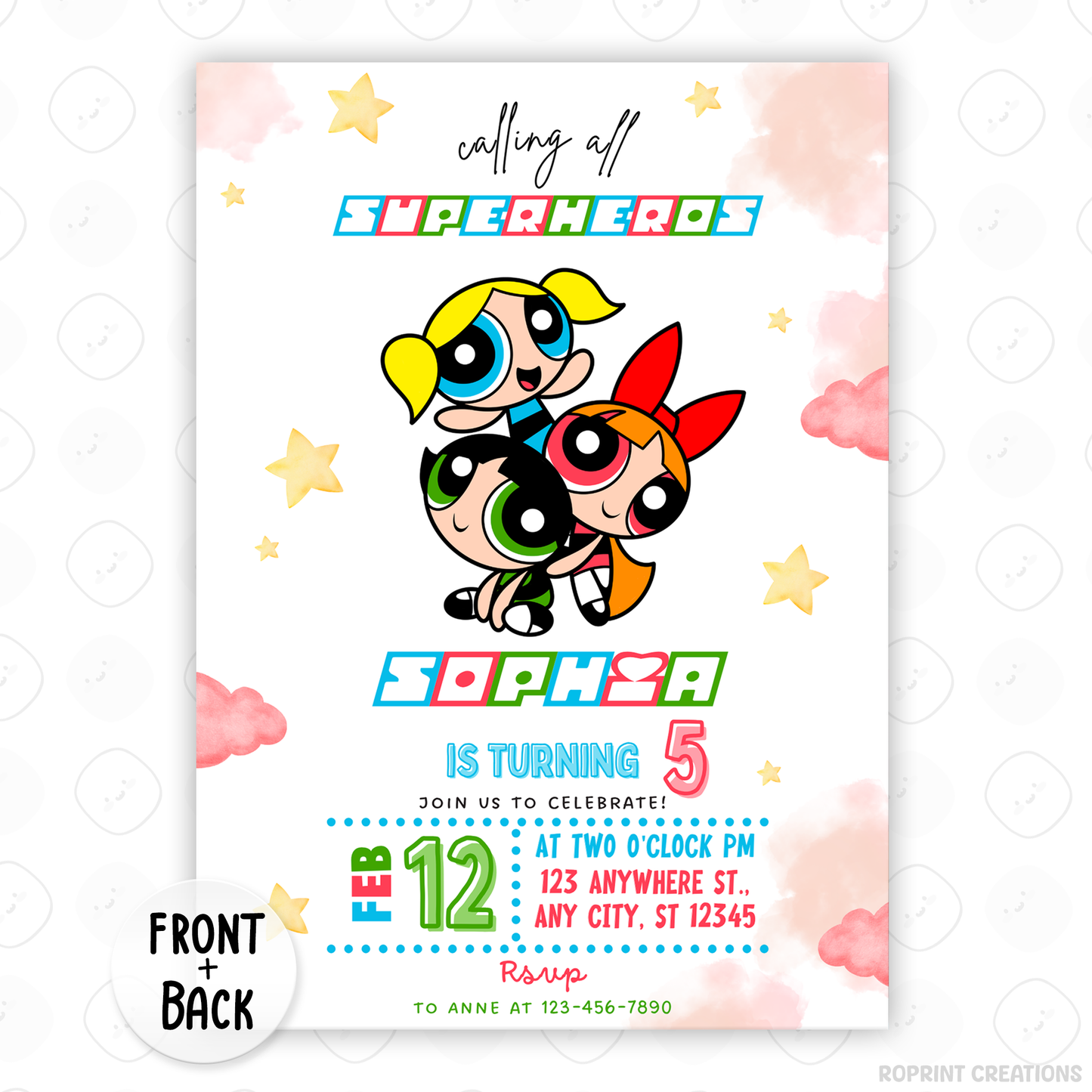 Celebrate in style with this Powerpuff Girls Pink Birthday Invitation! Perfect for little fans, this editable Canva template lets you customize, print, or share digitally for a cute and colorful kids’ party. Instant download