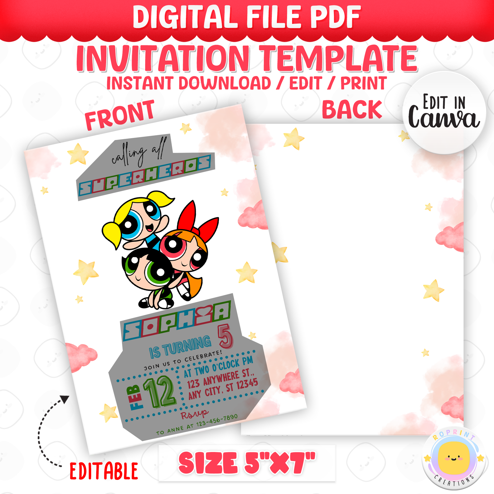 Celebrate in style with this Powerpuff Girls Pink Birthday Invitation! Perfect for little fans, this editable Canva template lets you customize, print, or share digitally for a cute and colorful kids’ party. Instant download