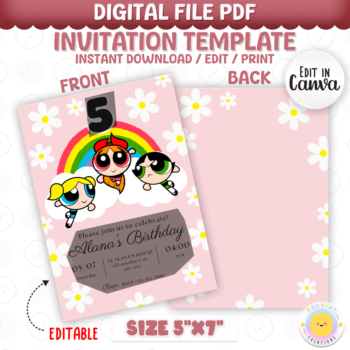 Add a burst of color to your celebration with this Powerpuff Girls Rainbow Birthday Invitation! Easily editable in Canva, perfect for printing or sharing digitally for a fun, vibrant kids’ party. Instant download