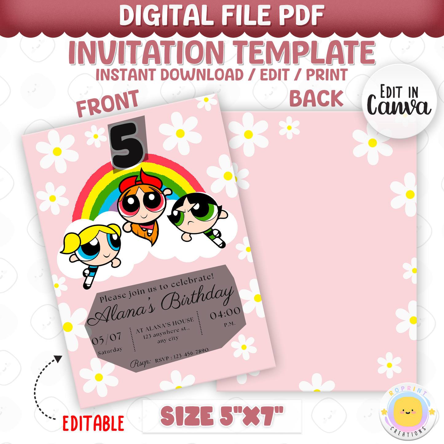 Add a burst of color to your celebration with this Powerpuff Girls Rainbow Birthday Invitation! Easily editable in Canva, perfect for printing or sharing digitally for a fun, vibrant kids’ party. Instant download