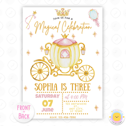 Make her birthday a royal celebration!
This magical Princess Carriage Birthday Invitation is perfect for your little princess’s special day. Featuring a dreamy carriage design, soft pastel colors, and elegant details, this editable template is ideal for fairytale-themed parties. Personalize it quickly and easily for a party she'll never forget!
