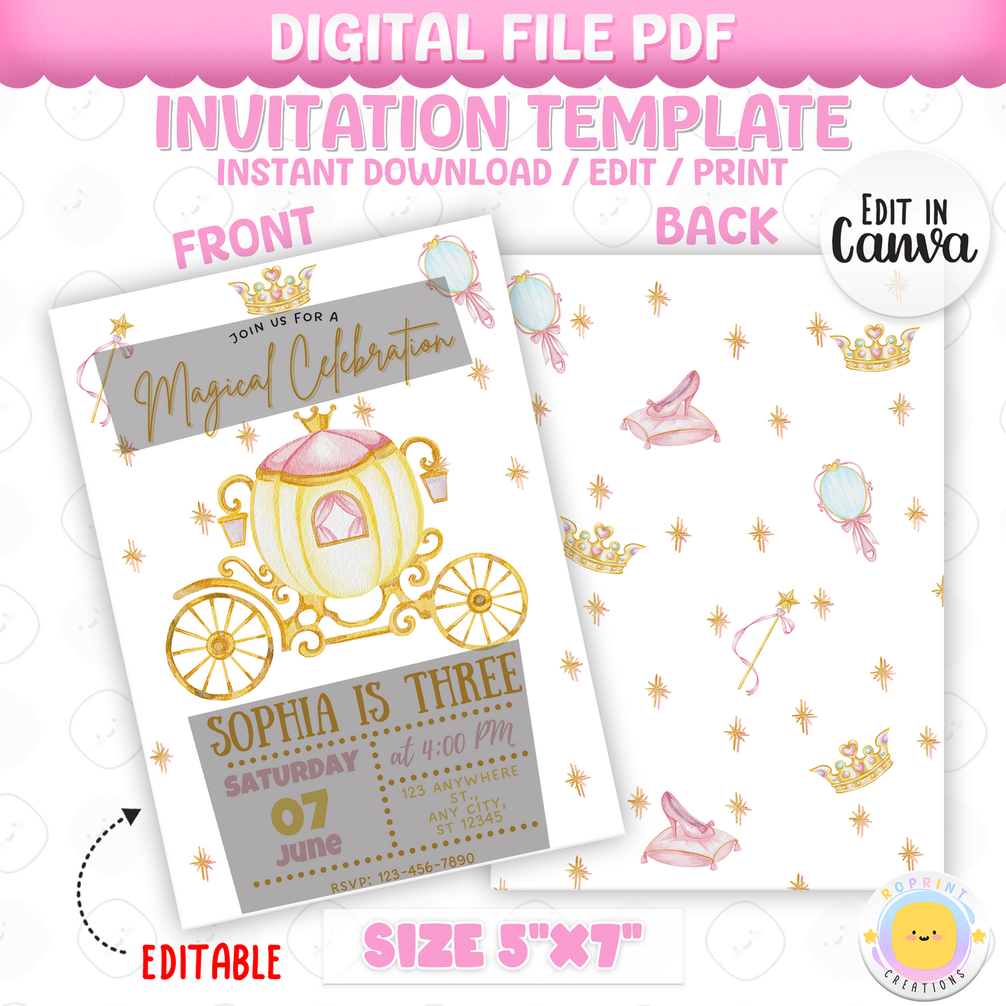 Make her birthday a royal celebration!
This magical Princess Carriage Birthday Invitation is perfect for your little princess’s special day. Featuring a dreamy carriage design, soft pastel colors, and elegant details, this editable template is ideal for fairytale-themed parties. Personalize it quickly and easily for a party she'll never forget!