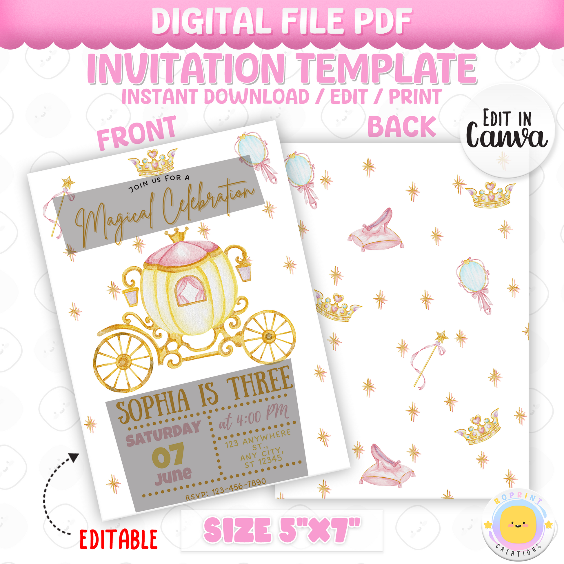 Make her birthday a royal celebration!
This magical Princess Carriage Birthday Invitation is perfect for your little princess’s special day. Featuring a dreamy carriage design, soft pastel colors, and elegant details, this editable template is ideal for fairytale-themed parties. Personalize it quickly and easily for a party she'll never forget!