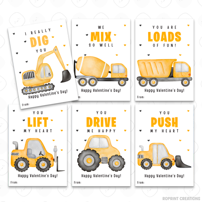 Printable construction Valentine cards for kids, truck-themed classroom Valentine exchange cards
