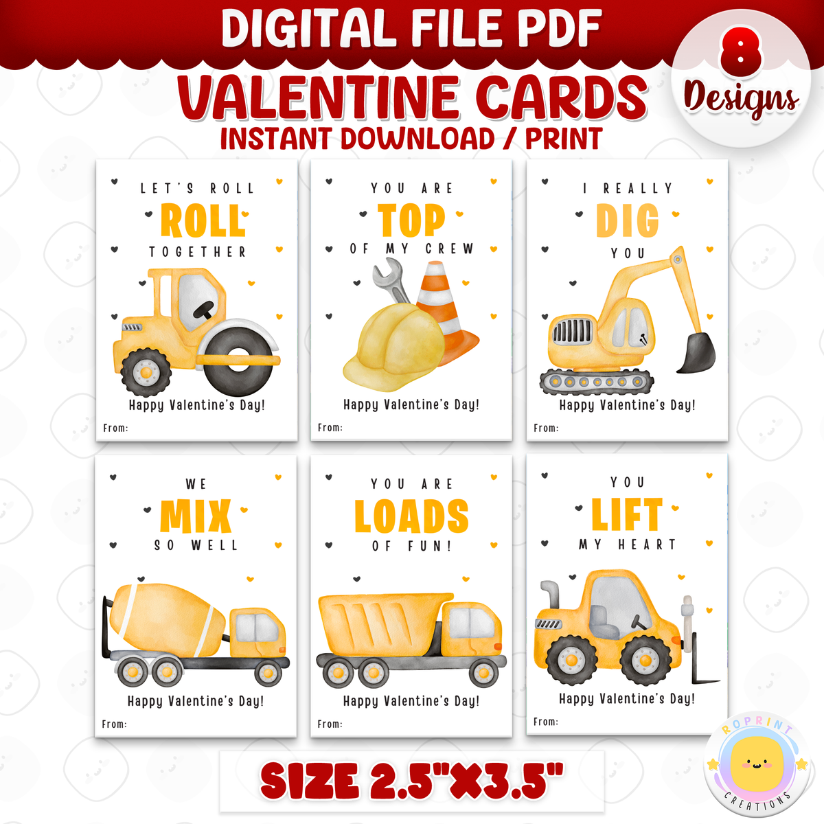 Printable construction Valentine cards for kids, truck-themed classroom Valentine exchange cards