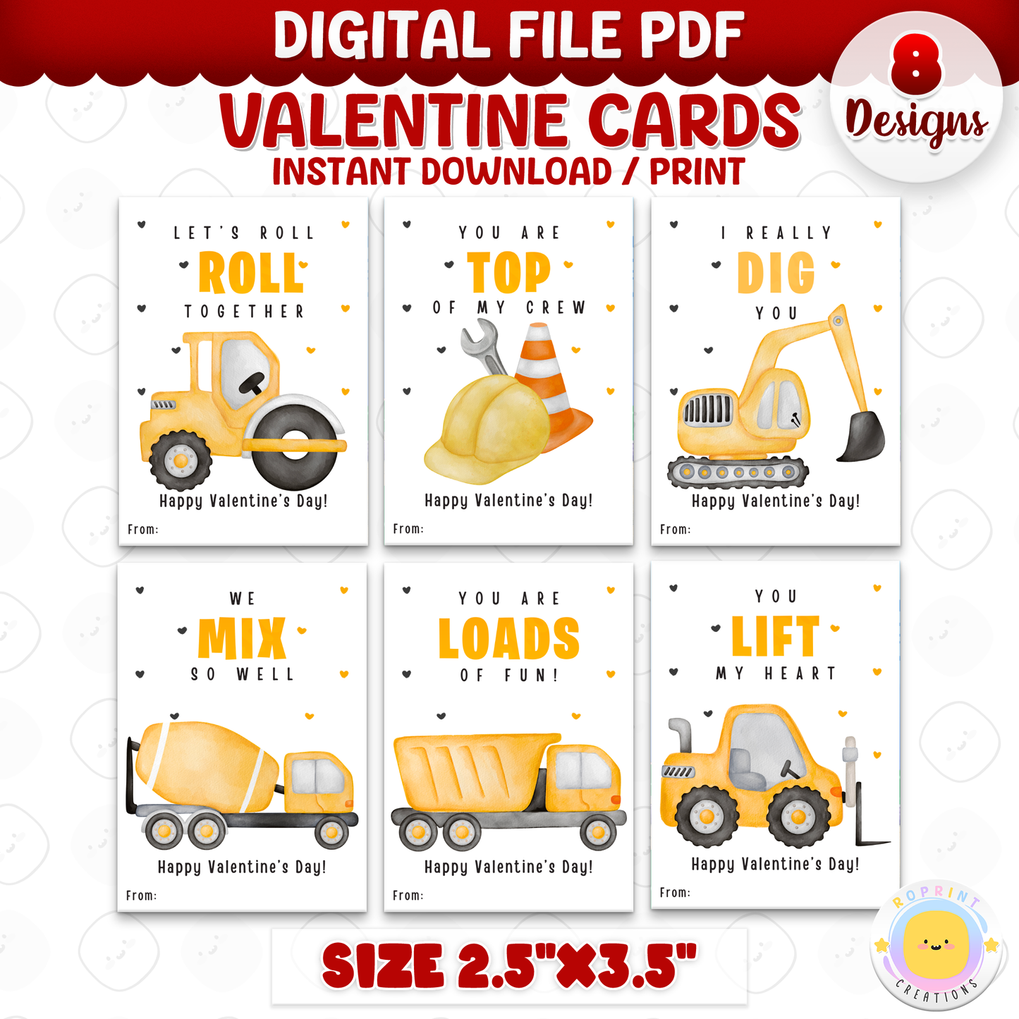 Printable construction Valentine cards for kids, truck-themed classroom Valentine exchange cards