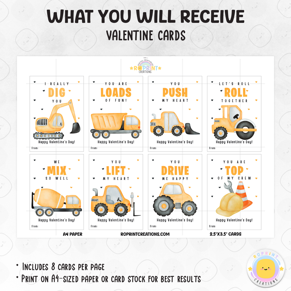 Printable construction Valentine cards for kids, truck-themed classroom Valentine exchange cards