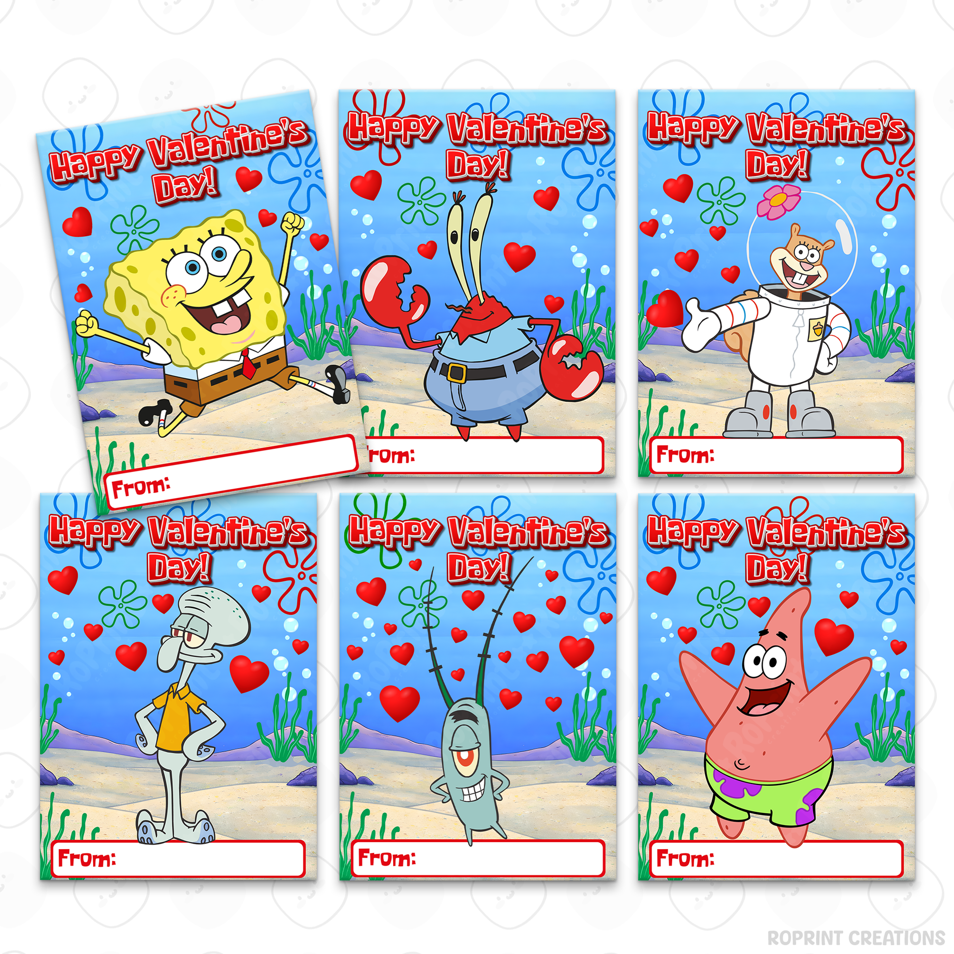 SpongeBob Valentine cards for kids, printable classroom Valentine exchange cards with fun SpongeBob designs