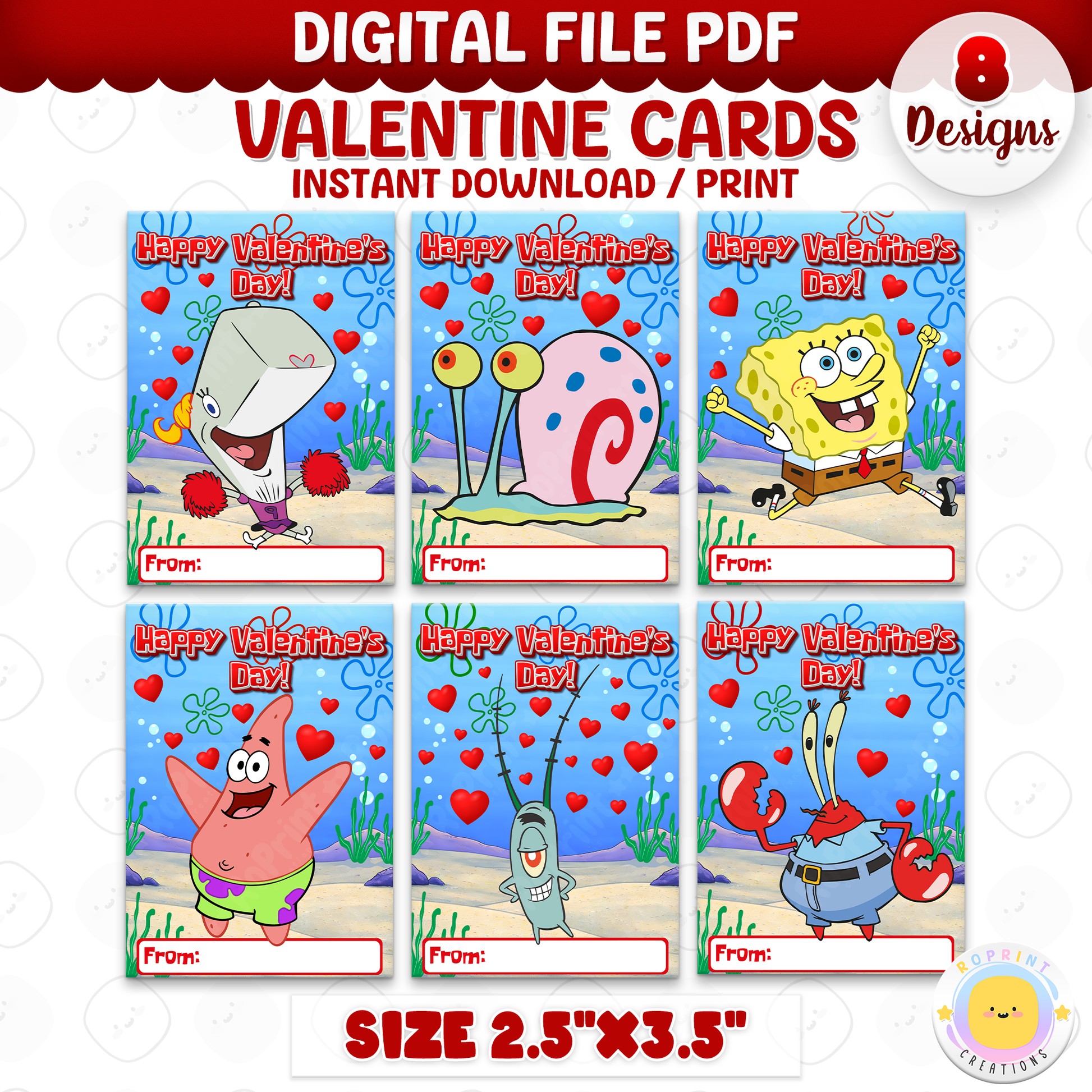 SpongeBob Valentine cards for kids, printable classroom Valentine exchange cards with fun SpongeBob designs
