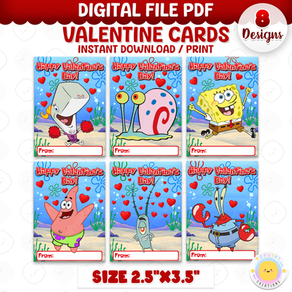 SpongeBob Valentine cards for kids, printable classroom Valentine exchange cards with fun SpongeBob designs