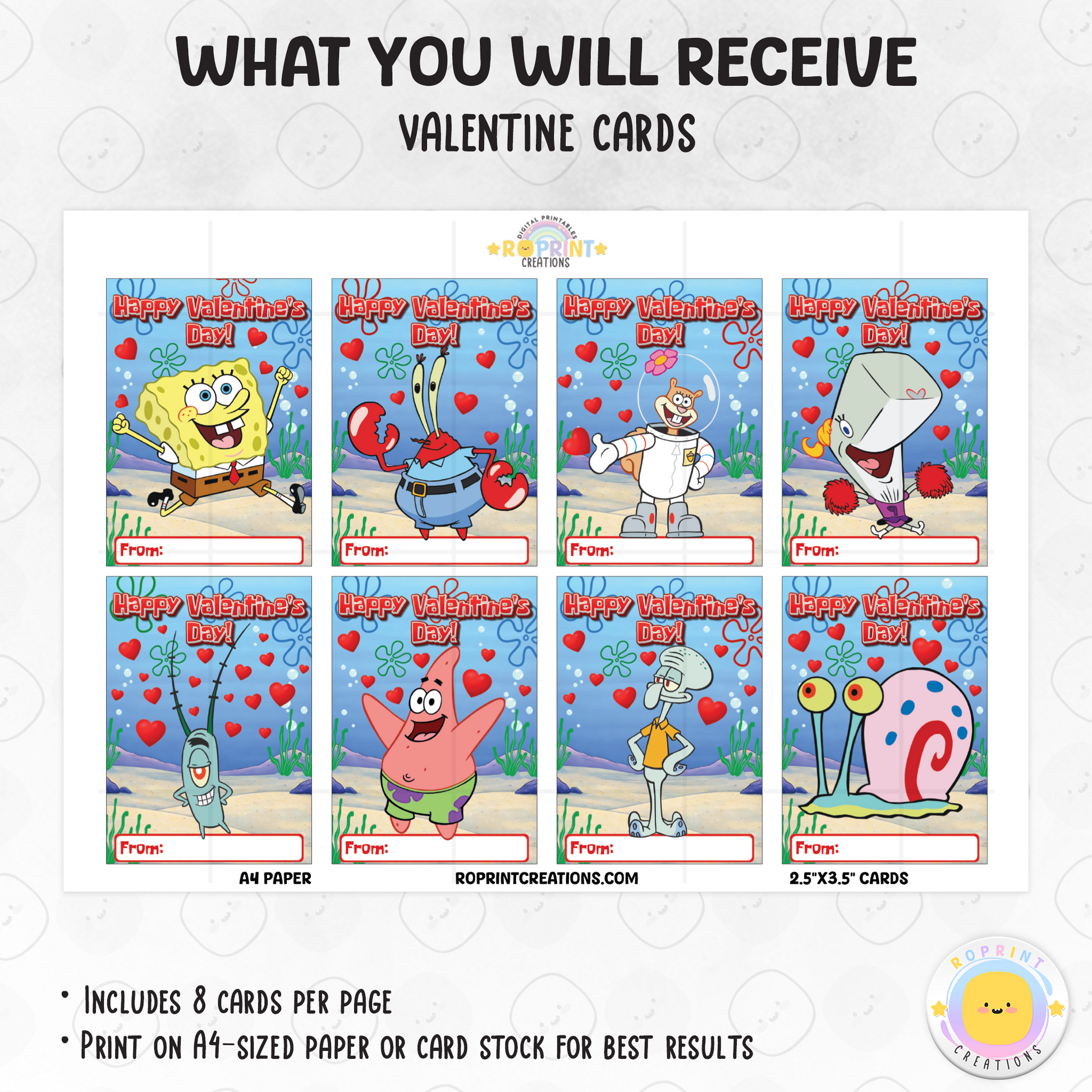 SpongeBob Valentine cards for kids, printable classroom Valentine exchange cards with fun SpongeBob designs