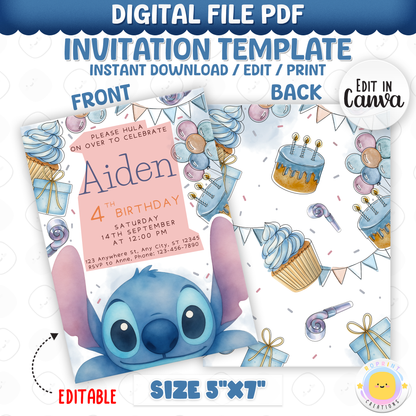 Celebrate with this fun Stitch birthday invitation template! Easily customize your party details in Canva, then print or share digitally with friends and family. Perfect for Stitch-themed birthday parties and tropical celebrations!
