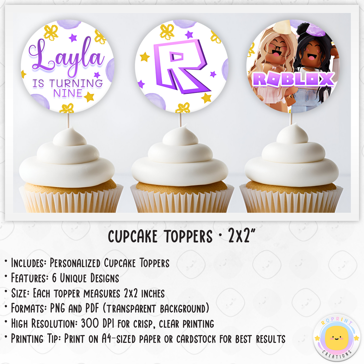 Personalized Roblox Girl Birthday Cupcake Toppers – Easily editable in Canva! Featuring a fun pink theme, perfect for adding a custom touch to your child's birthday celebration.