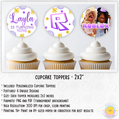 Personalized Roblox Girl Birthday Cupcake Toppers – Easily editable in Canva! Featuring a fun pink theme, perfect for adding a custom touch to your child's birthday celebration.