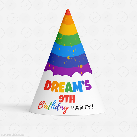 Colorful party hat with rainbow design and personalized text on a white background