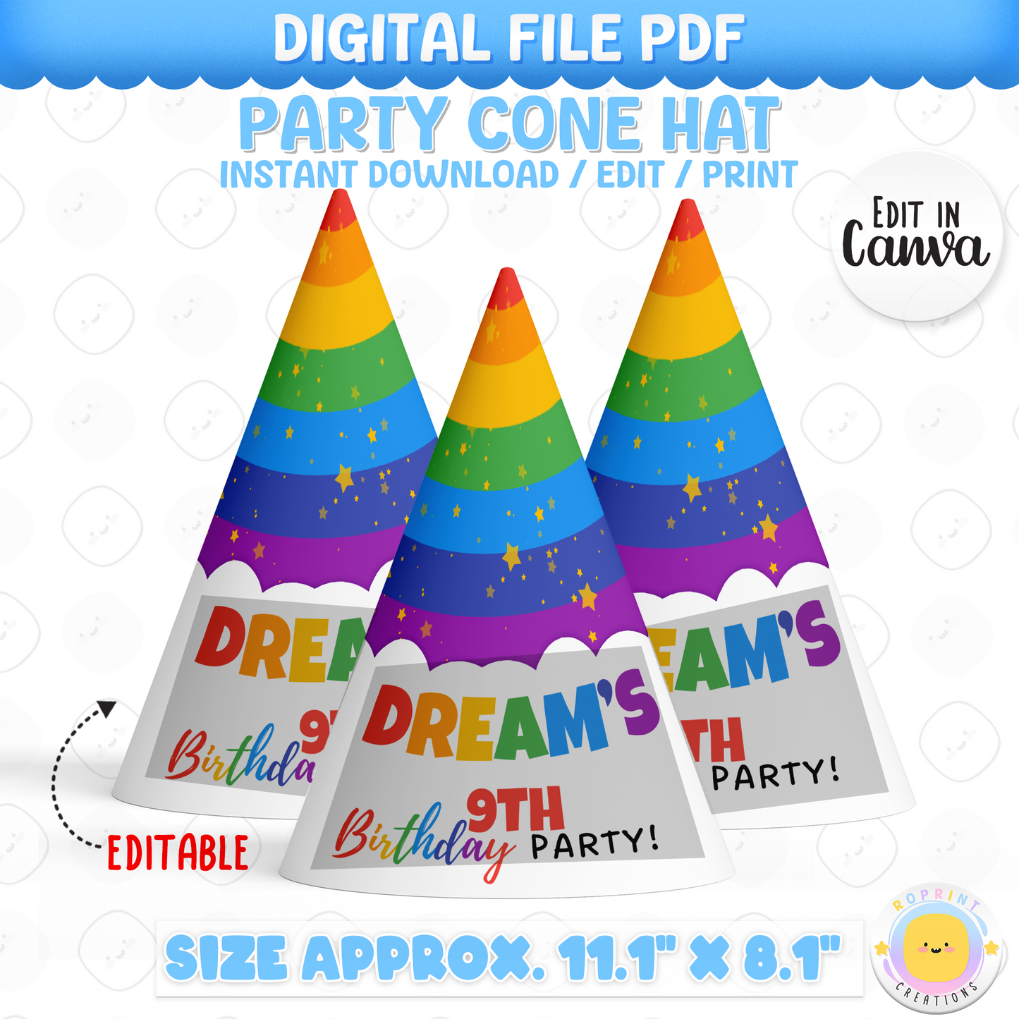 Colorful party cone hats with editable text for a birthday party on a white background.