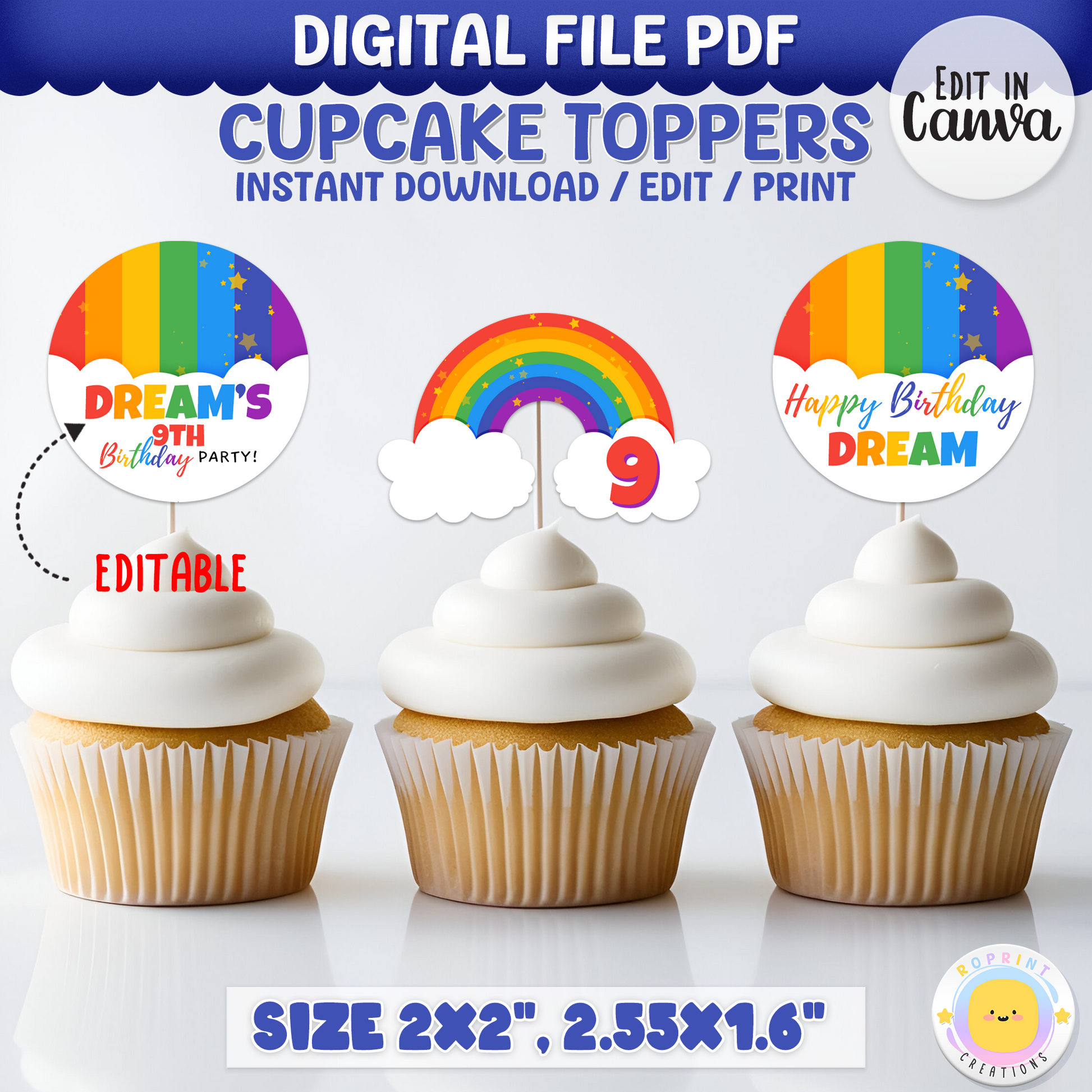 Rainbow Birthday Cupcake Toppers - Editable Party Favor Printable
Add a pop of color to your cupcakes with these editable rainbow toppers! Personalize in Canva, print, and cut for the perfect party touch.