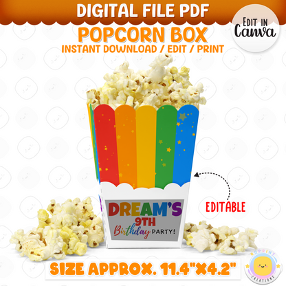 Add a burst of color to your treats with this editable popcorn box! Customize in Canva, print, and assemble for the perfect party favor.