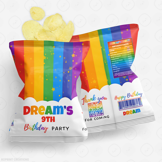 Colorful Rainbow party favor chip bags with rainbow design and personalized text