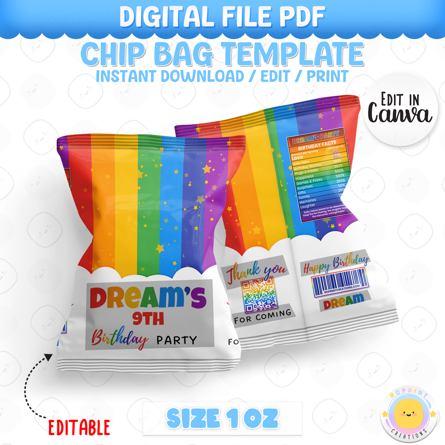 Colorful Rainbow chip bag template with editable text for a birthday party on a white background.