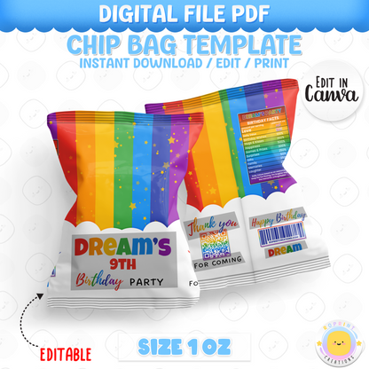 Colorful Rainbow chip bag template with editable text for a birthday party on a white background.