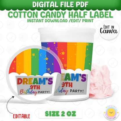 Rainbow Cotton Candy Tub Label - Editable Party Favor Printable