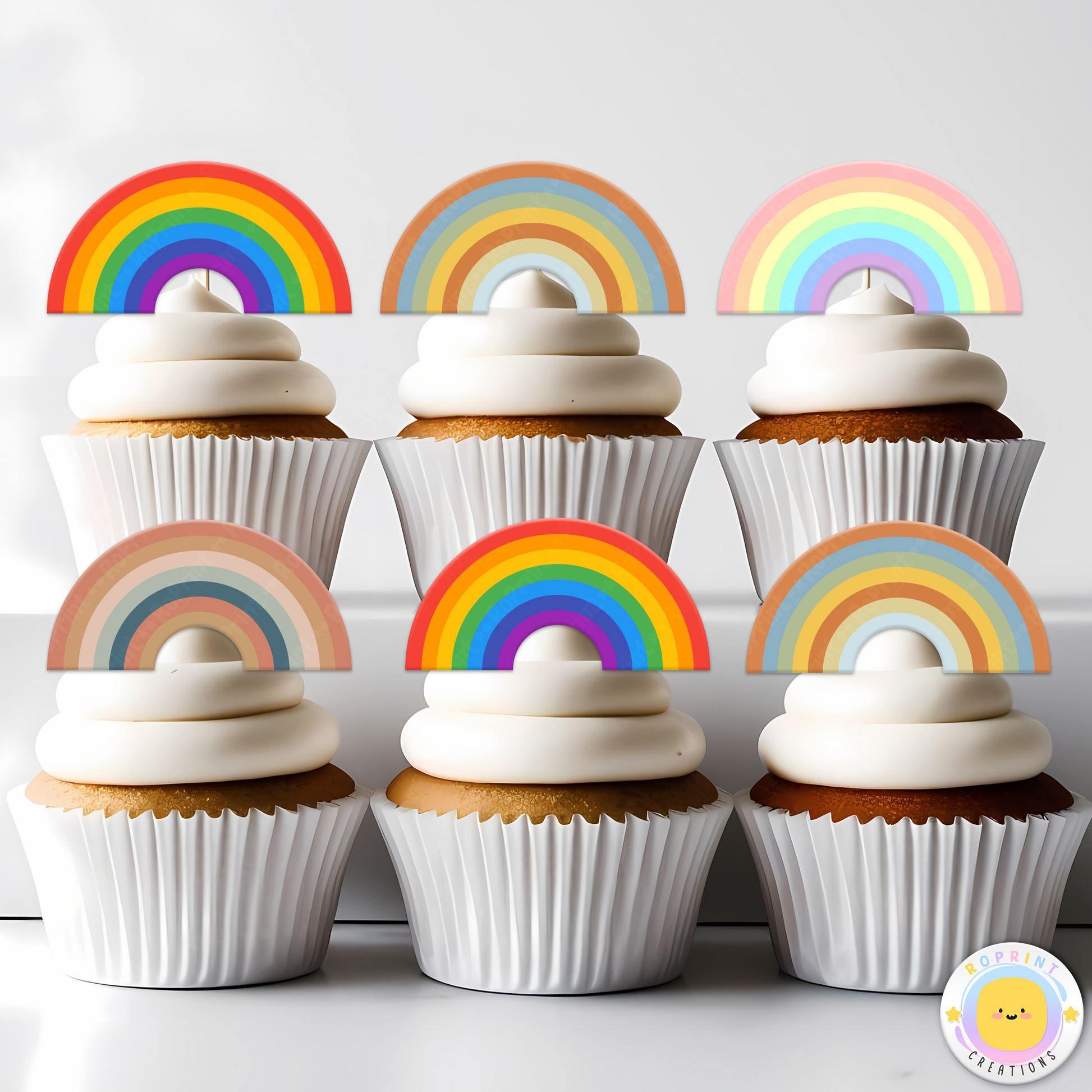 Rainbow Cupcake Toppers - Pastel Cupcake Toppers - Boho Cupcake Toppers. Add a fun touch to your celebration with these Rainbow cupcake toppers! Instantly download, print, and assemble for a colorful and unique party decoration. These toppers can also be printed on edible paper or sticker paper to create fun stickers. Digital file only.