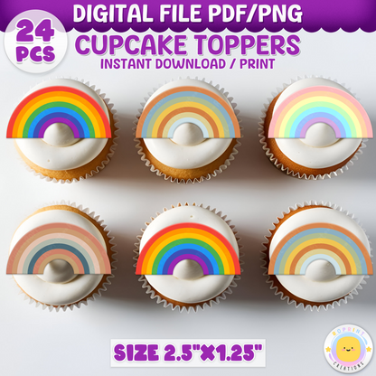 Rainbow Cupcake Toppers - Pastel Cupcake Toppers - Boho Cupcake Toppers. Add a fun touch to your celebration with these Rainbow cupcake toppers! Instantly download, print, and assemble for a colorful and unique party decoration. These toppers can also be printed on edible paper or sticker paper to create fun stickers. Digital file only.