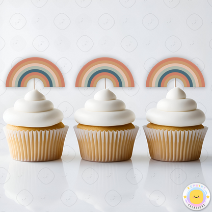 Rainbow Cupcake Toppers - Pastel Cupcake Toppers - Boho Cupcake Toppers. Add a fun touch to your celebration with these Rainbow cupcake toppers! Instantly download, print, and assemble for a colorful and unique party decoration. These toppers can also be printed on edible paper or sticker paper to create fun stickers. Digital file only.