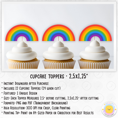 Rainbow Cupcake Toppers - Pastel Cupcake Toppers - Boho Cupcake Toppers. Add a fun touch to your celebration with these Rainbow cupcake toppers! Instantly download, print, and assemble for a colorful and unique party decoration. These toppers can also be printed on edible paper or sticker paper to create fun stickers. Digital file only.