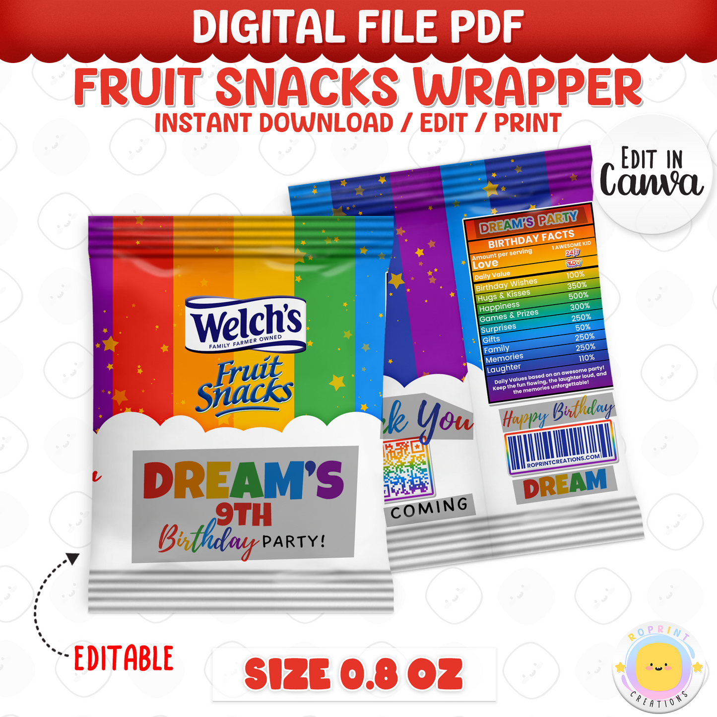 Rainbow Fruit Snack Wrapper - Editable Party Favor Printable
Brighten up your favors with this editable fruit snack wrapper! Customize in Canva, print, and wrap for a fun party treat.
