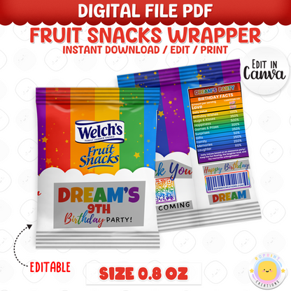 Rainbow Fruit Snack Wrapper - Editable Party Favor Printable
Brighten up your favors with this editable fruit snack wrapper! Customize in Canva, print, and wrap for a fun party treat.