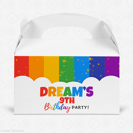 Rainbow Gable Box Label - Editable Party Favor Printable
Add a colorful touch to your favor boxes with this editable label! Customize in Canva, print, and stick for easy party packaging.