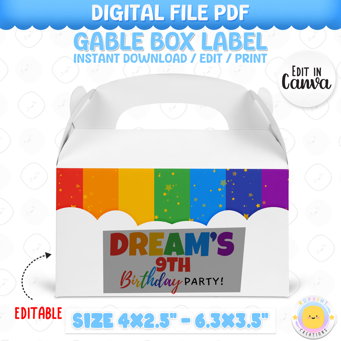Rainbow Gable Box Label - Editable Party Favor Printable
Add a colorful touch to your favor boxes with this editable label! Customize in Canva, print, and stick for easy party packaging.