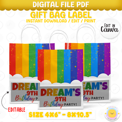 Rainbow Gift Bag Label - Editable Party Favor Printable
Dress up your party bags with this editable gift bag label! Customize in Canva, print, and attach for a fun finishing touch.