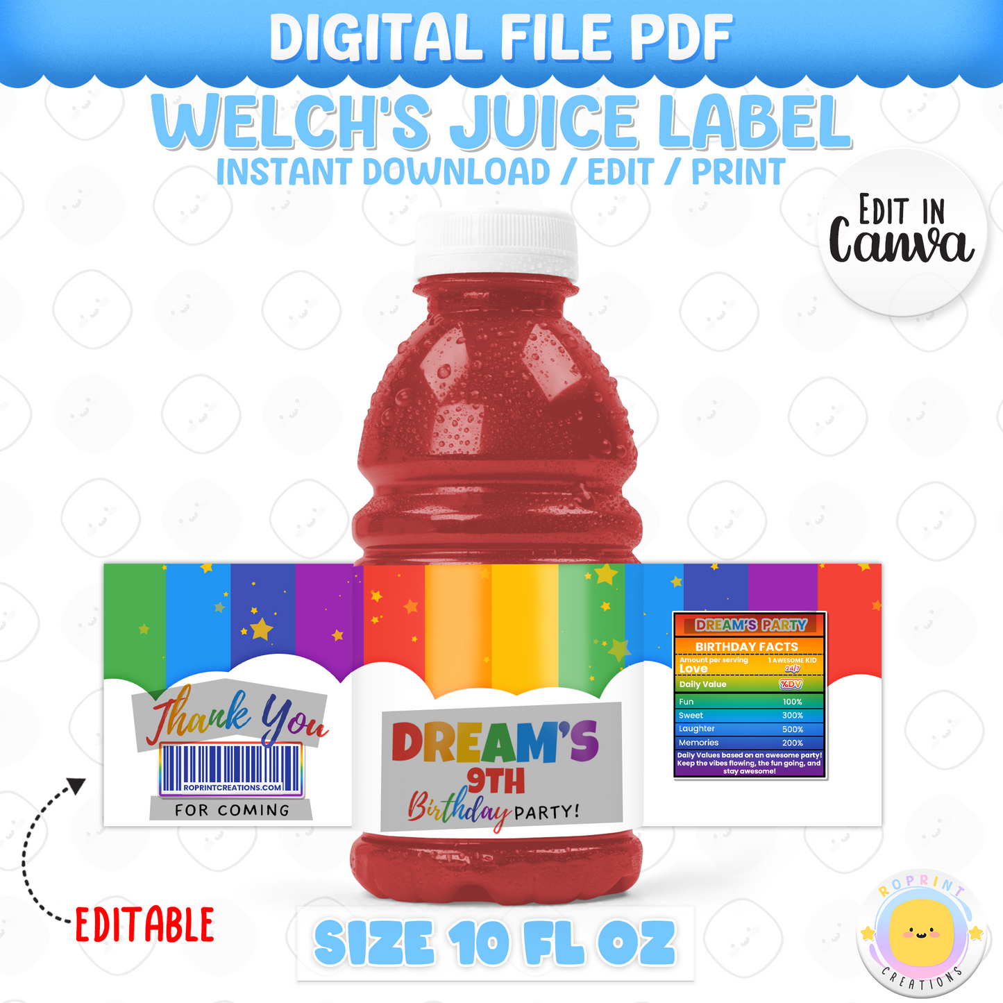 Rainbow Juice Label - Editable Party Favor Printable
Add a splash of fun to your drinks with this editable juice label! Customize in Canva, print, and wrap for the perfect party detail.