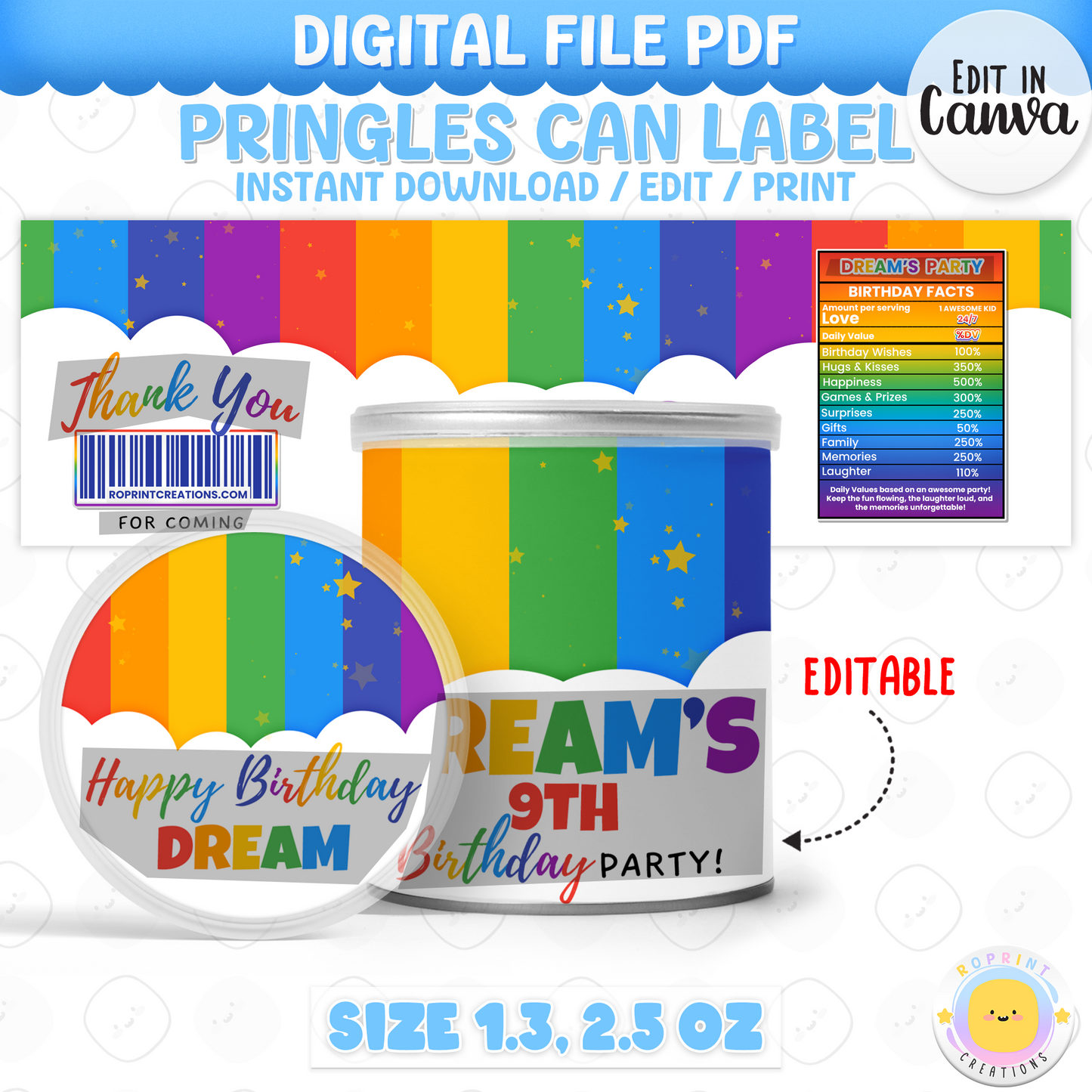 Rainbow Pringles Label - Editable Rainbow Party Favor Printable
Add a colorful twist to your snacks with this editable Pringles label! Customize in Canva, print, and wrap for a fun party favor.