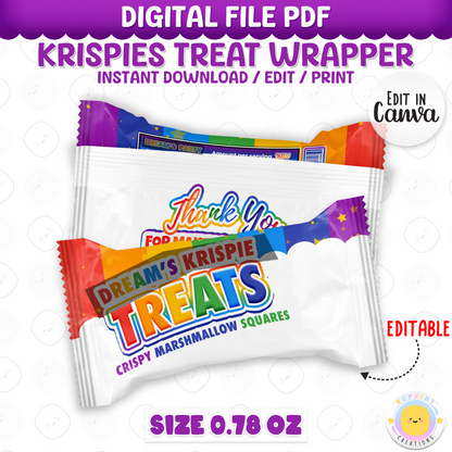 Rainbow Rice Krispie Treat Wrapper - Editable Party Favor Printable
Sweeten your celebration with this editable Rice Krispie treat wrapper! Customize in Canva, print, and wrap for a fun and festive favor.