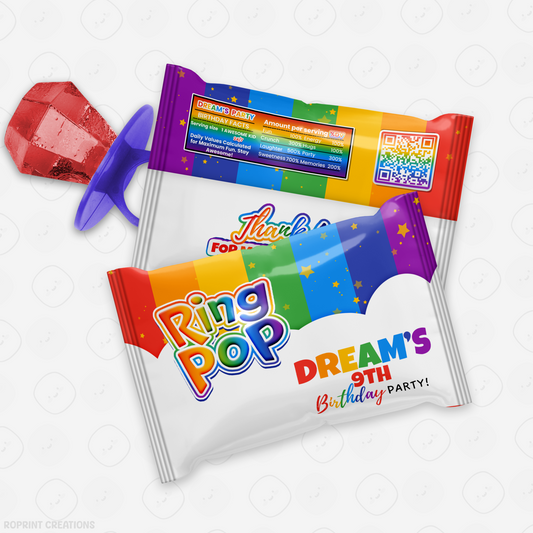 Rainbow Ring Pop Wrapper - Editable Rainbow Printable Party Favors
Add a pop of fun to your party with this editable Ring Pop wrapper! Customize in Canva, print, and wrap for a sweet and colorful favor.