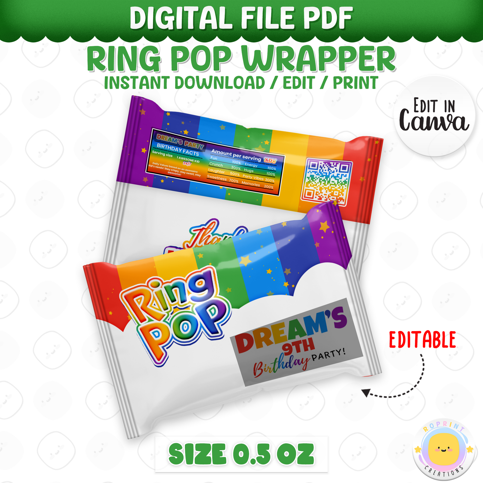 Rainbow Ring Pop Wrapper - Editable Rainbow Printable Party Favors
Add a pop of fun to your party with this editable Ring Pop wrapper! Customize in Canva, print, and wrap for a sweet and colorful favor.