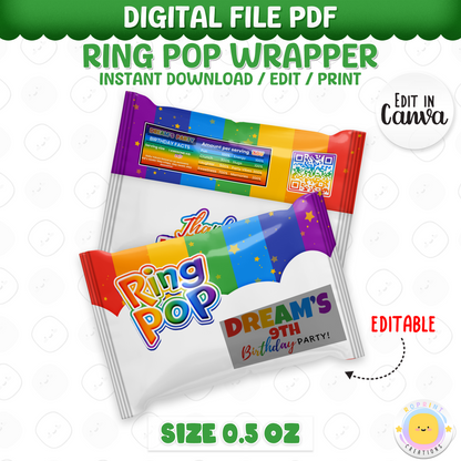 Rainbow Ring Pop Wrapper - Editable Rainbow Printable Party Favors
Add a pop of fun to your party with this editable Ring Pop wrapper! Customize in Canva, print, and wrap for a sweet and colorful favor.