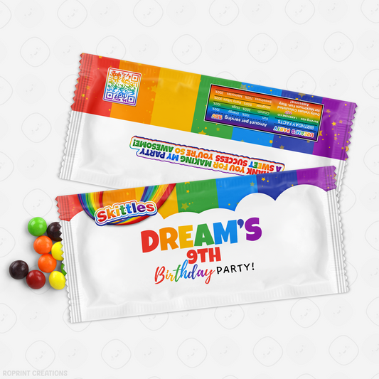 Rainbow Skittles Wrapper - Editable Rainbow Printable Party Favors
Taste the fun with this editable Skittles wrapper! Customize in Canva, print, and wrap for a bright and playful party favor.