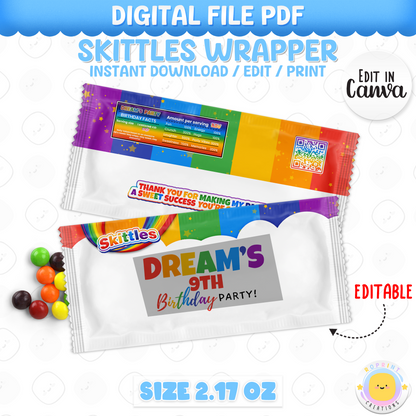 Rainbow Skittles Wrapper - Editable Rainbow Printable Party Favors
Taste the fun with this editable Skittles wrapper! Customize in Canva, print, and wrap for a bright and playful party favor.