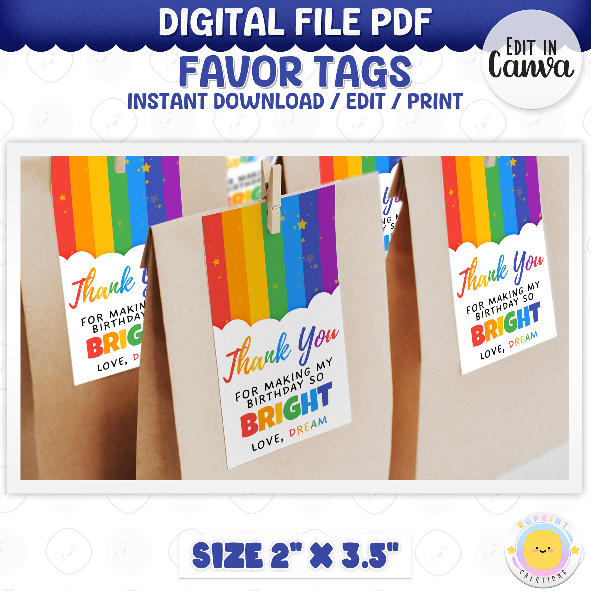 Rainbow Thank You Tag - Editable Printable Favor Tag Party Favor
Say thanks in style with this editable rainbow thank you tag! Customize in Canva, print, and attach to party favors for a colorful finishing touch.
