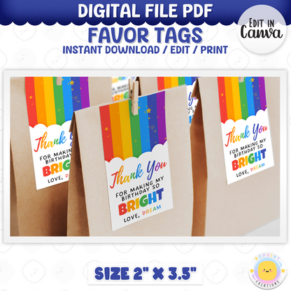 Rainbow Thank You Tag - Editable Printable Favor Tag Party Favor
Say thanks in style with this editable rainbow thank you tag! Customize in Canva, print, and attach to party favors for a colorful finishing touch.